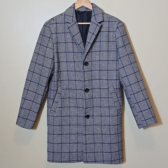 Old Navy Men's Wool Blend Oversized Topcoat Long Length Grey Plaid Old Money - Picture 1 of 16